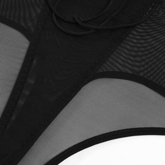 Black Mesh Bodysuit with Open Back Waist Details