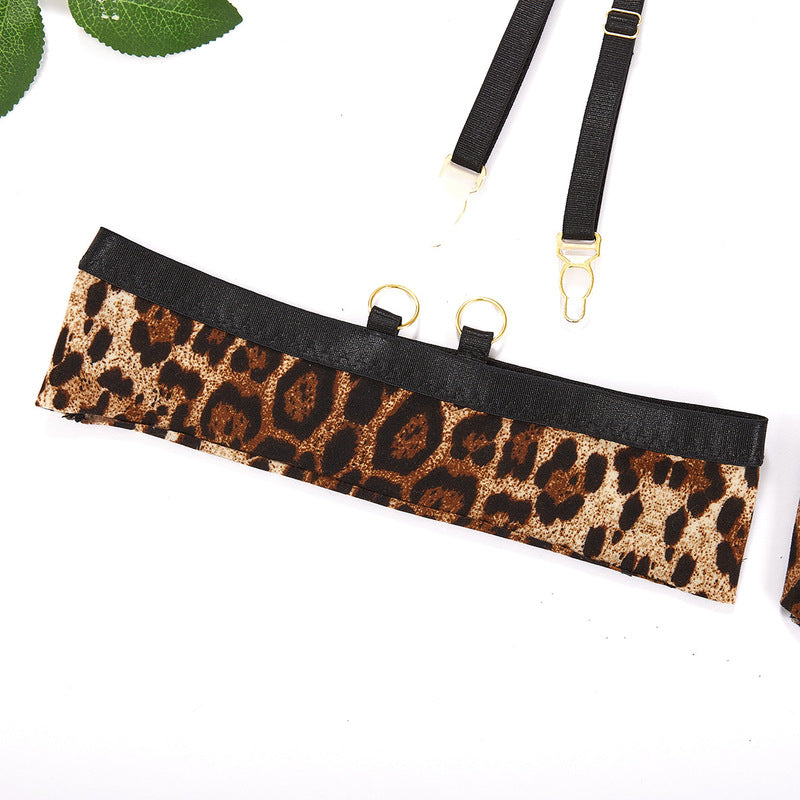 Khaki Leopard Print Perspective Sexy One-Piece Sets Leg Strap Details