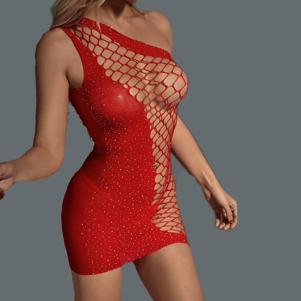 Red Siren — One-Shoulder Rhinestone Bodystocking Dress